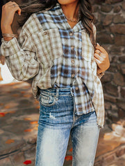 Plaid Print Sports Shirt Long Sleeves Loose Button Pocket Tops