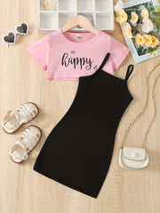 2pcs Toddler Girls BE HAPPY Graphic T Shirts & Cami Dress Set