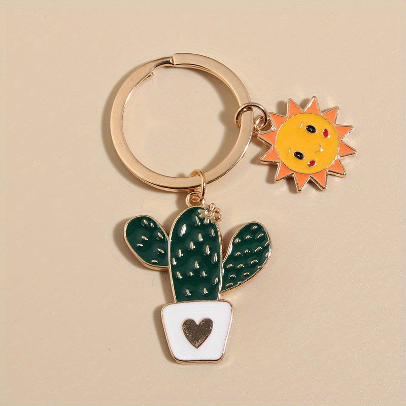Cartoon Sun Cactus Flower Keychain Key Ring Purse Bag Backpack Car Key Charm