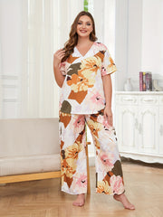 Floral Print V-Neck Tee & Wide Leg Pants Loungewear Set