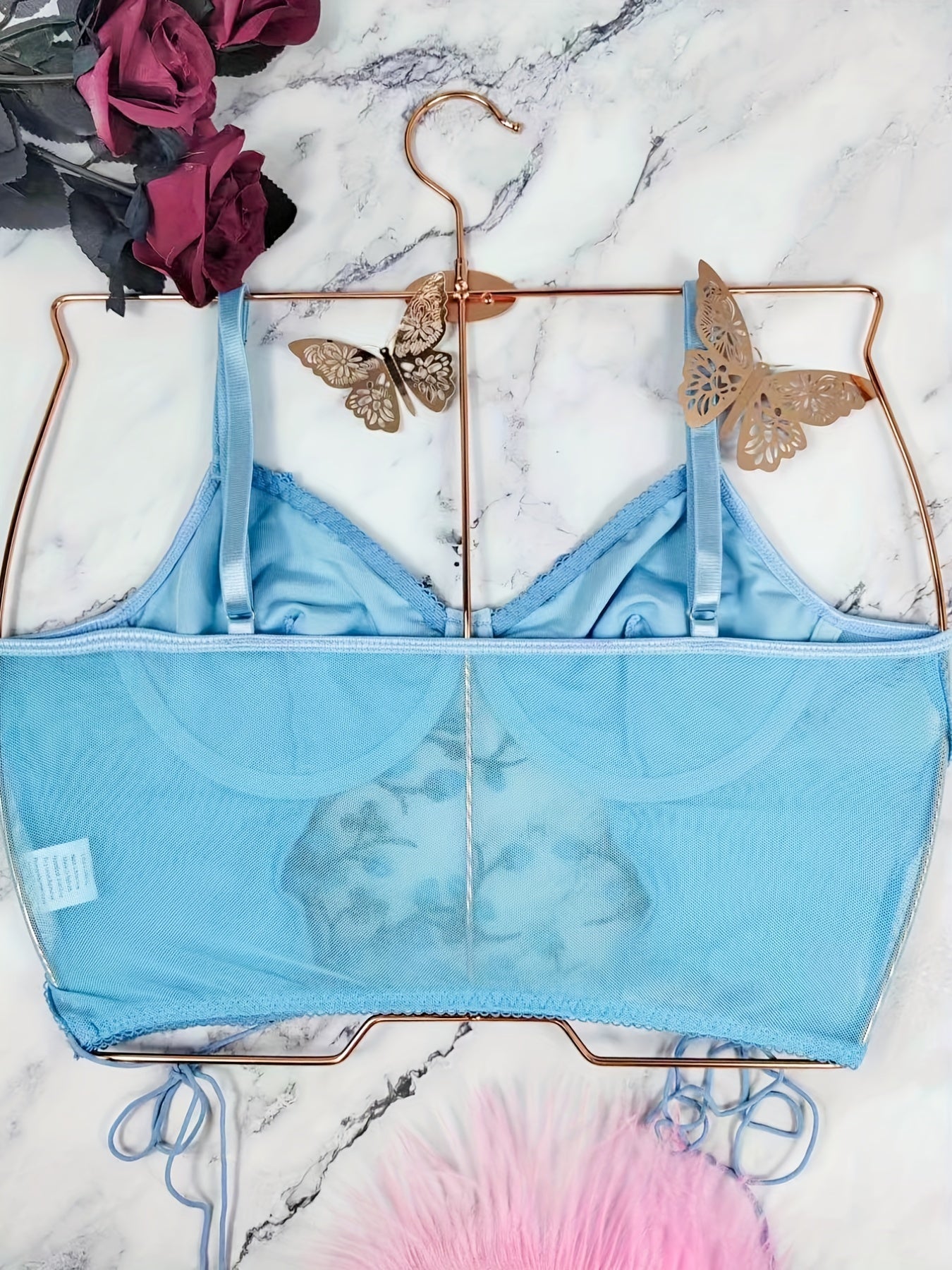 Floral Embroidery Mesh Cami Top Lace-Up Corset Bra Women's Lingerie