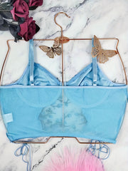 Floral Embroidery Mesh Cami Top Lace-Up Corset Bra Women's Lingerie