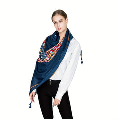 Navy Boho Tassel Scarf Vintage Pop Stripe Print Voile Block Long Shawl