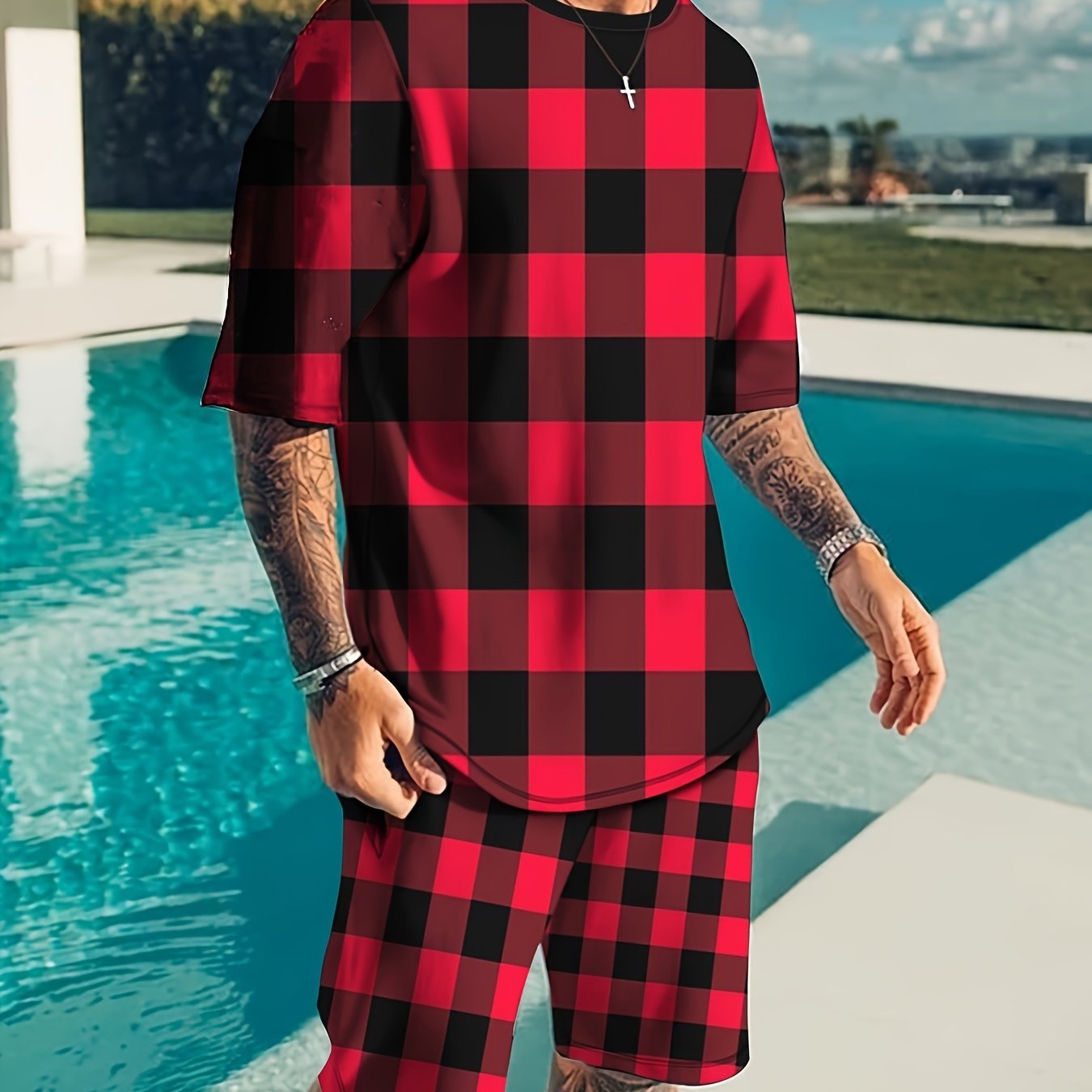 Men's Plain Pattern 2 Piece Outfits Short Sleeve T-shirt and Shorts Set