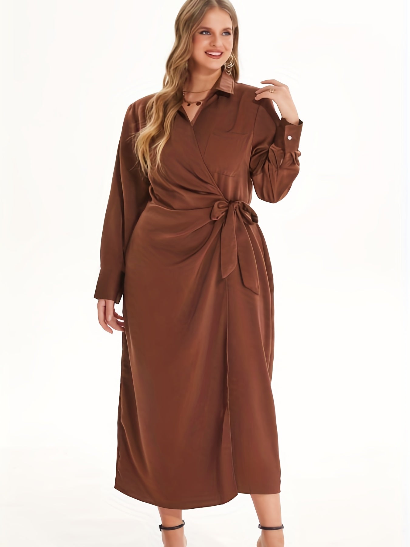 Satin V Neck Long Sleeve Wrap Maxi Dress Women's Plus Medium