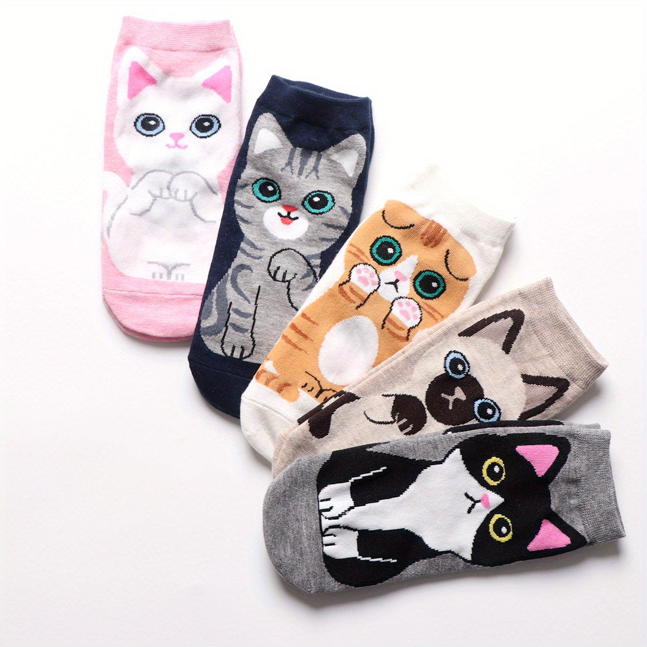 5 Pairs Girls Teen Cotton Blend Cat Ankle Socks, Spring Summer