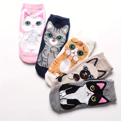 5 Pairs Girls Teen Cotton Blend Cat Ankle Socks, Spring Summer
