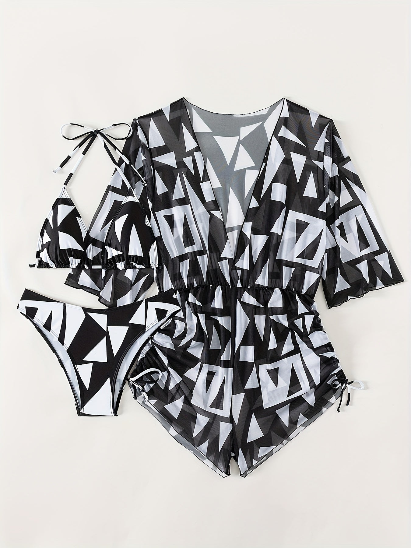 Geometric Print Bikini Set Halter Neck High Cut Cover Ups Swimsuit