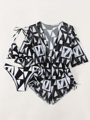 Geometric Print Bikini Set Halter Neck High Cut Cover Ups Swimsuit