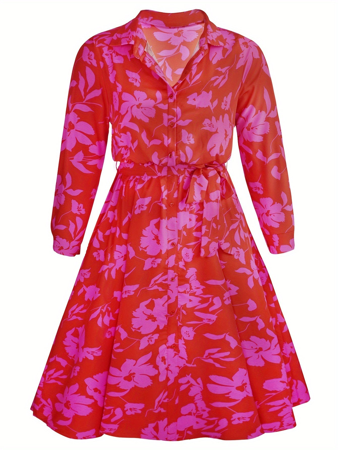 Floral Print Button Up Long Sleeve A-line Dress With Belt