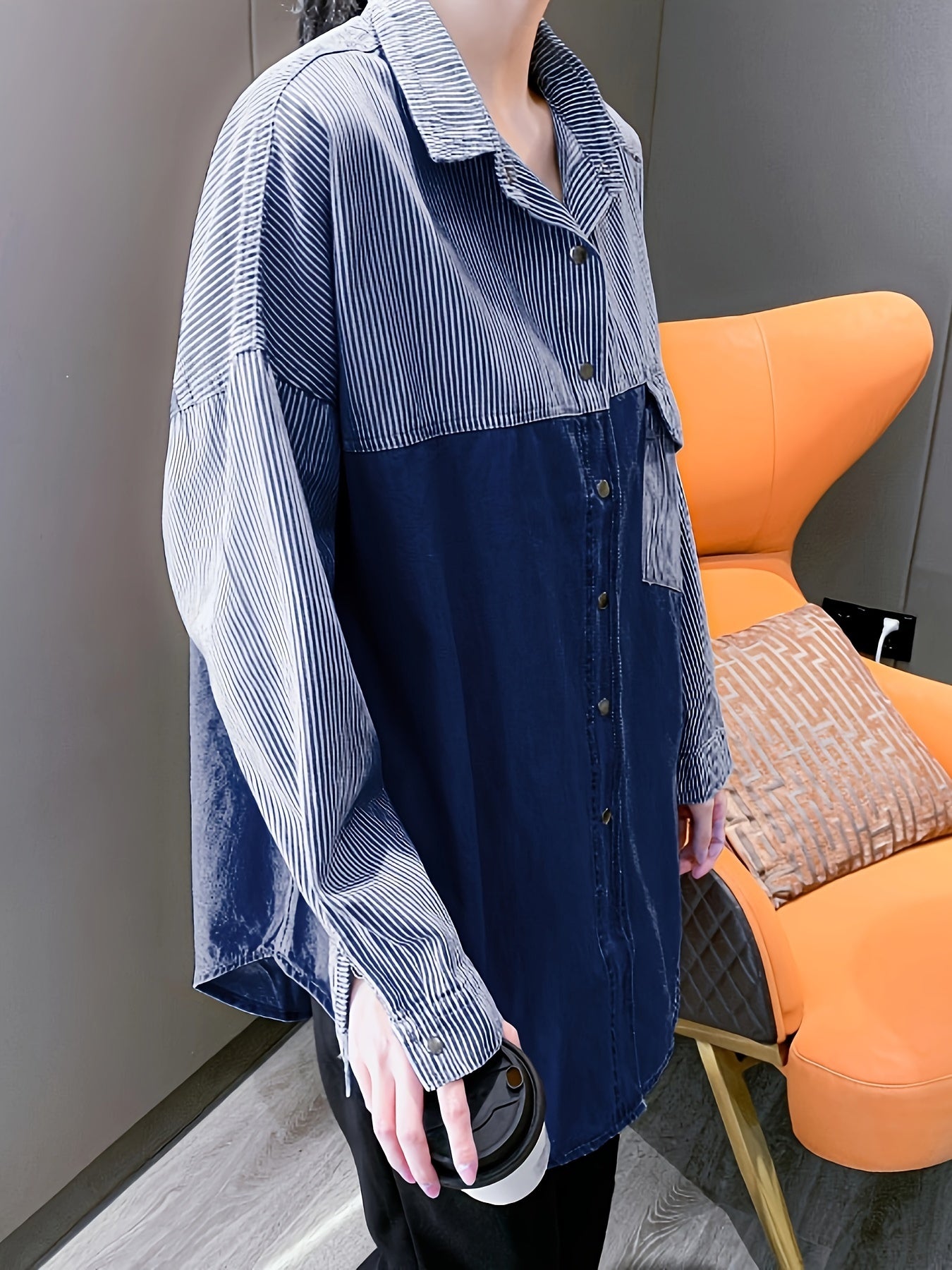 Colorblock Button Up Denim Shirt