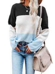 Women's Casual Crew Neck Block Long Sleeve Loose Knit Sweater