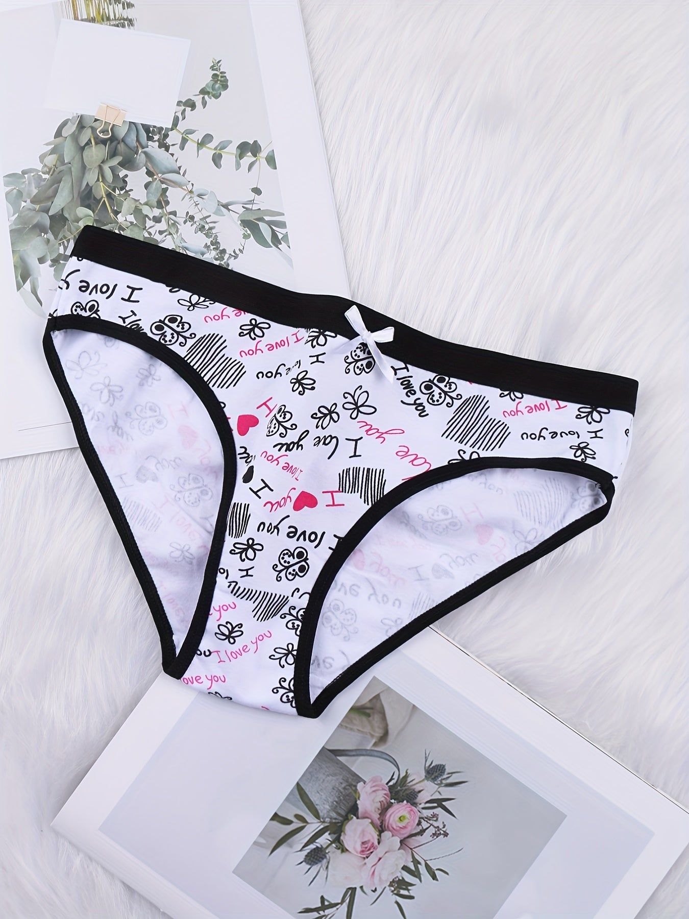 6 Pack Plus Size Panties Set Women's Plus Butterfly & Heart Print Briefs