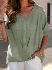 Casual Blouse Women's Plus Solid Half Sleeve V Neck Button Decor Wrap