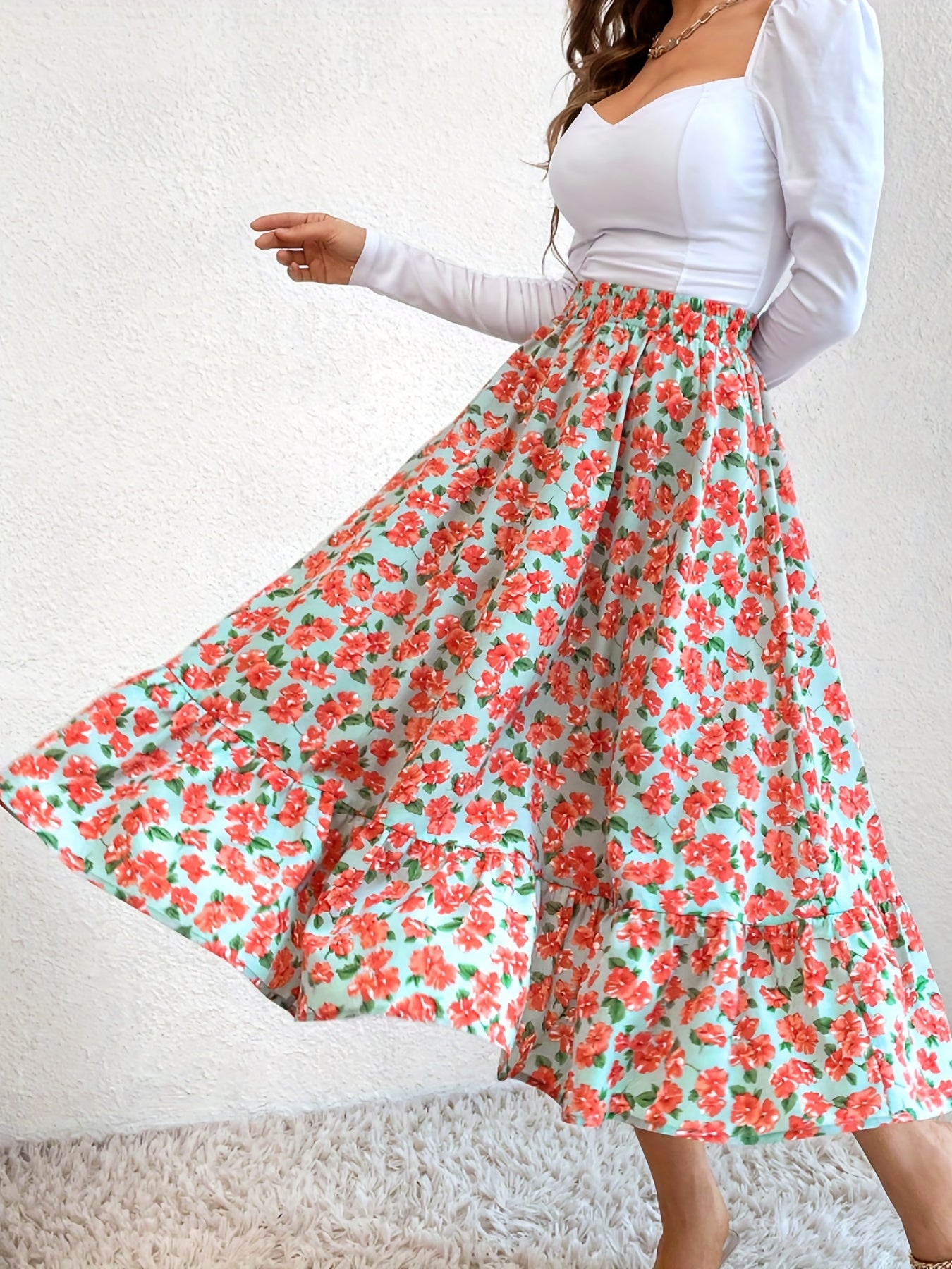 Floral Print Elastic Waist Skirt Casual Skirt For Spring & Summer