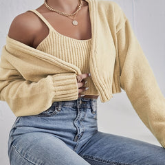 Solid Two-piece Set Open Front Cardigan & Knitted Crop Top
