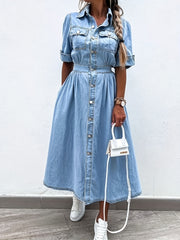 Short Sleeve Denim Dress Flap Pockets Single Breasted Button Lapel