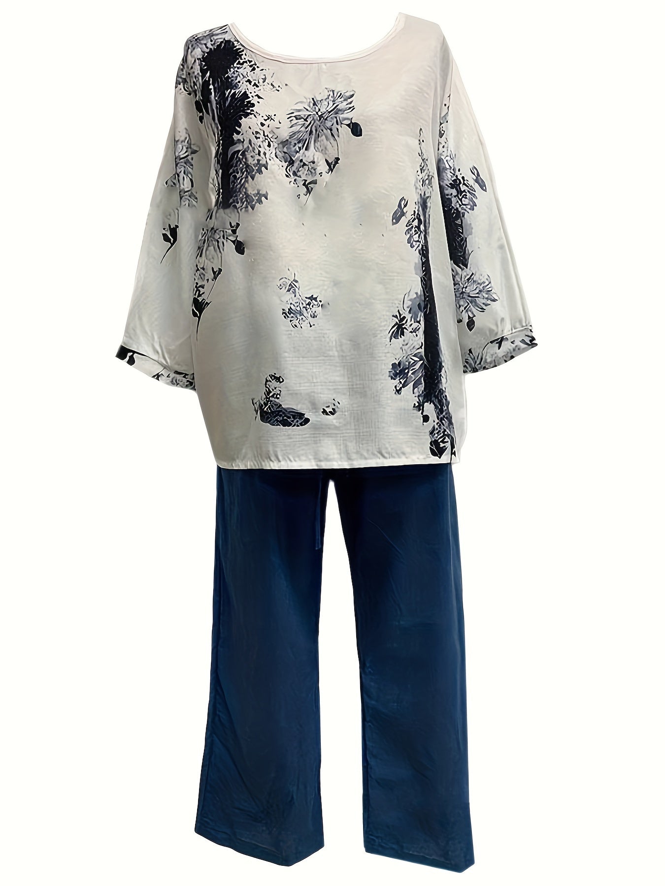 Women's Plus Floral Print Top & Pants Outfits Two Piece Set