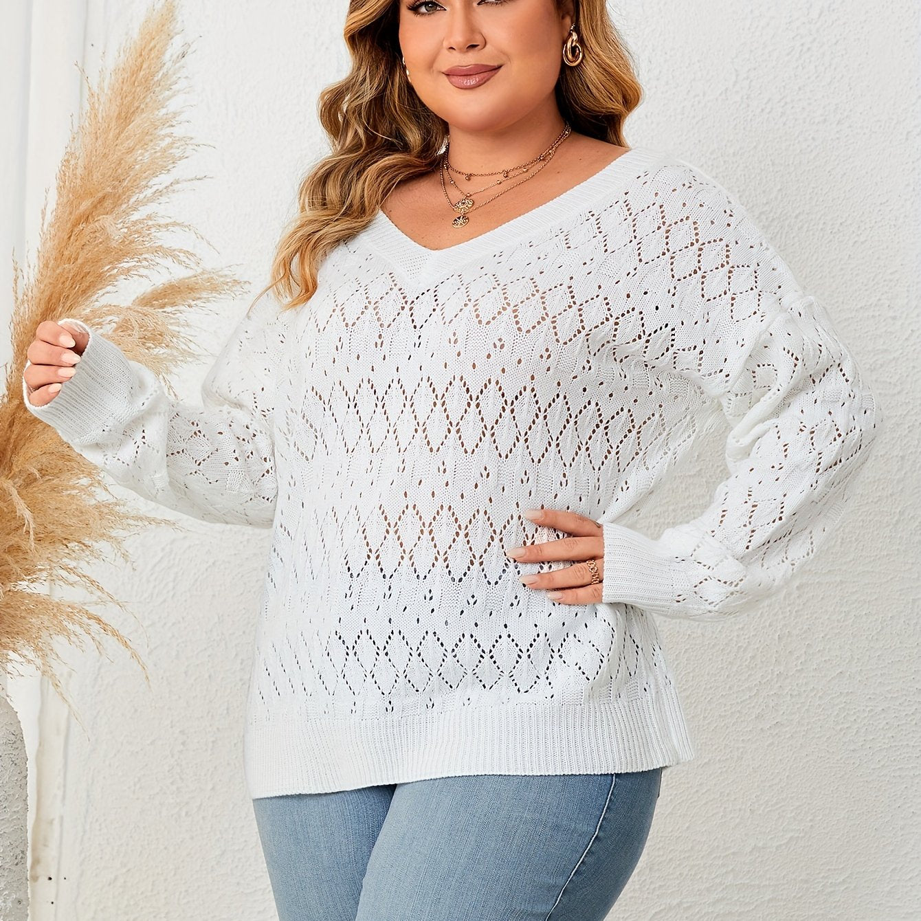 Solid Hollow Out Long Sleeve V Neck Sweater