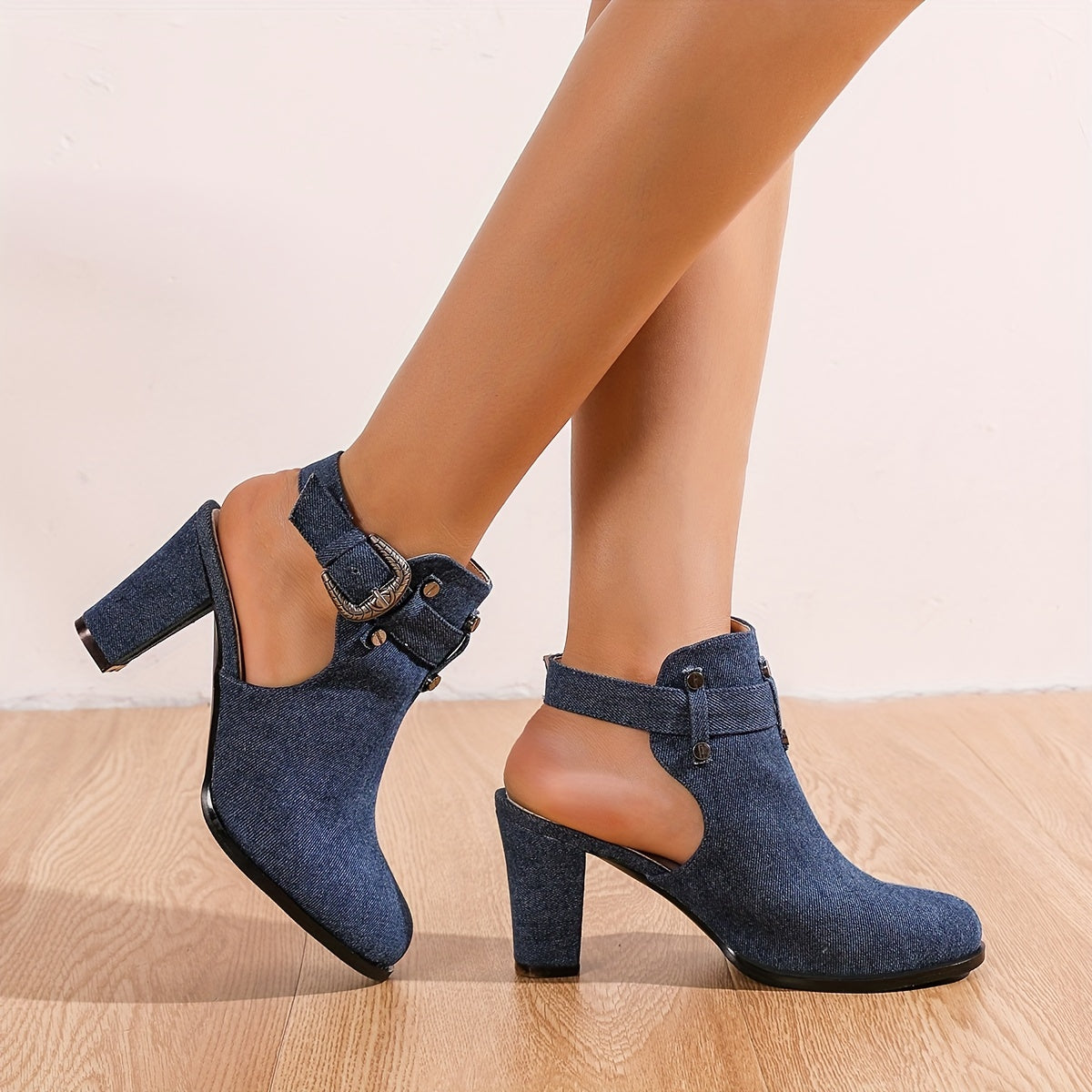 Metal Beads Block Heel Denim Ankle Boots
