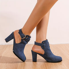 Metal Beads Block Heel Denim Ankle Boots
