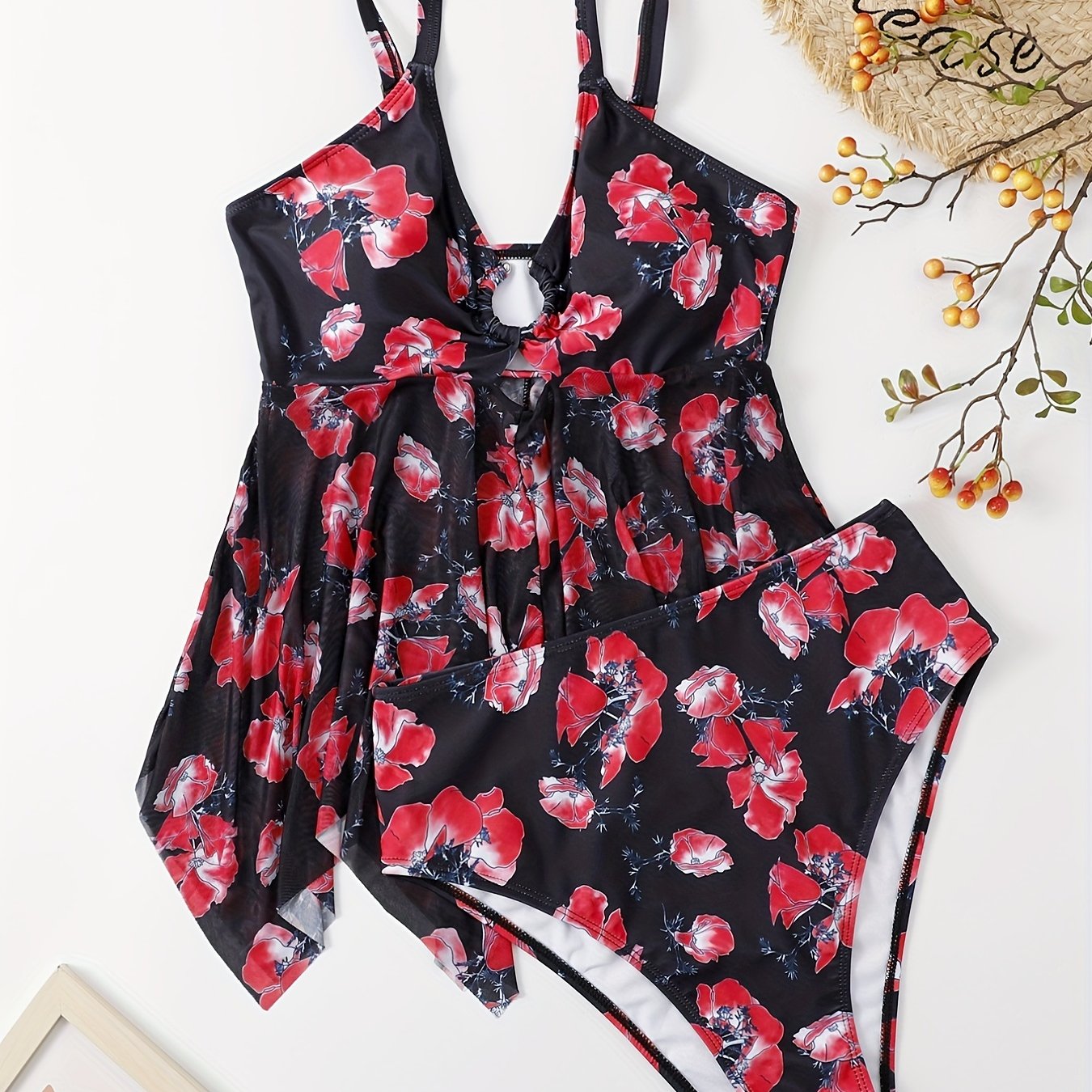 Floral Print Tankini Set Women's Ring Cut Out Swimsuit Two Piece Set