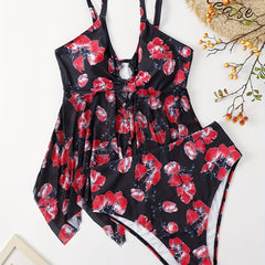 Floral Print Tankini Set Women's Ring Cut Out Swimsuit Two Piece Set