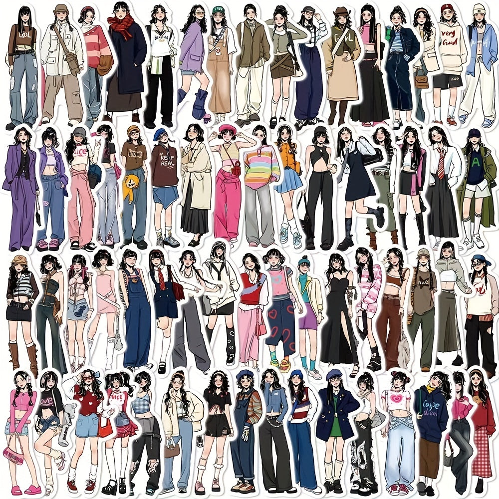 65pcs Girl Outfit Sticker Modern Girl Wear Doodle Waterproof Sticker