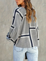 Colorblock Geometric Print Lantern Sleeve Blouse