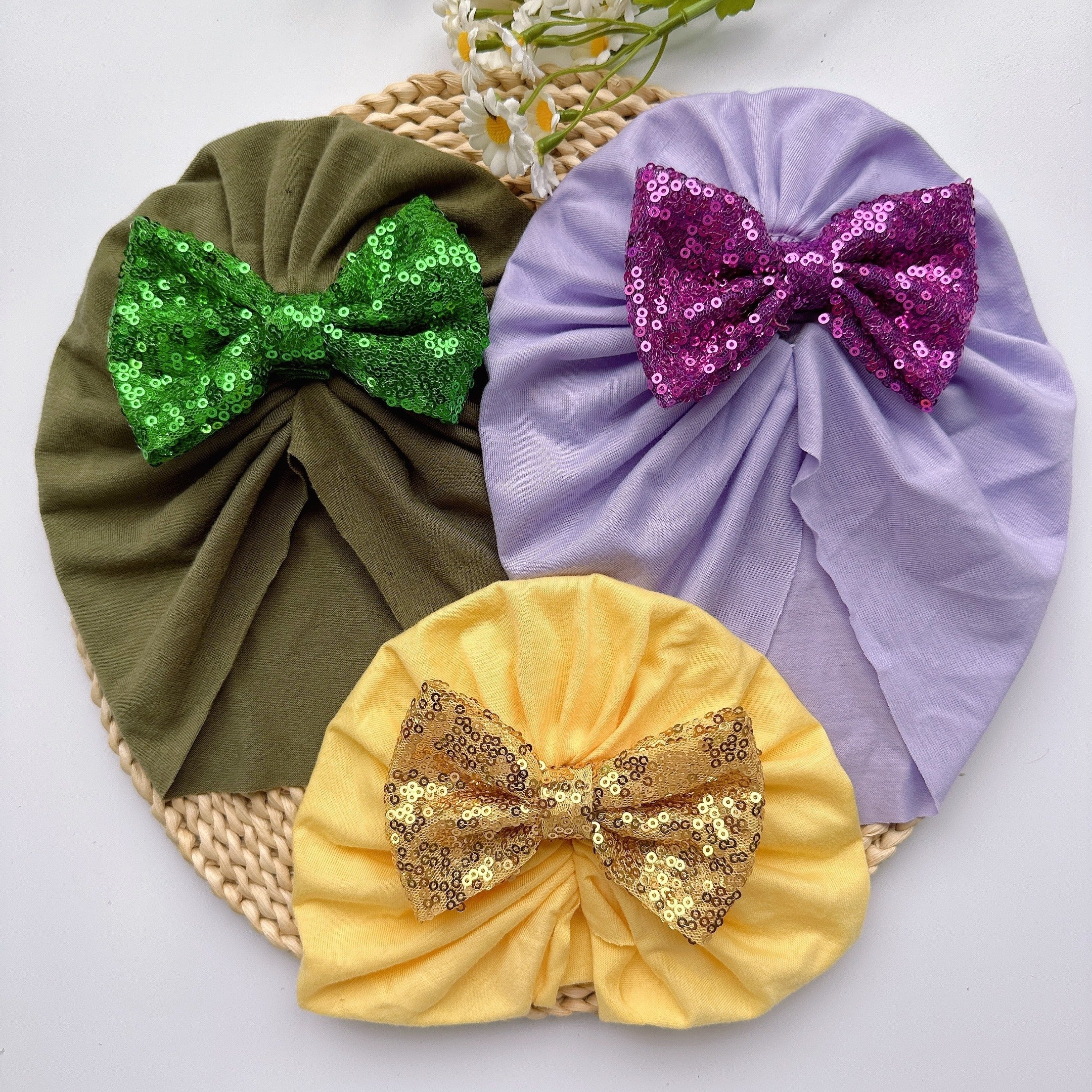 Soft Elastic Baby Sequin Bow Turban Hat