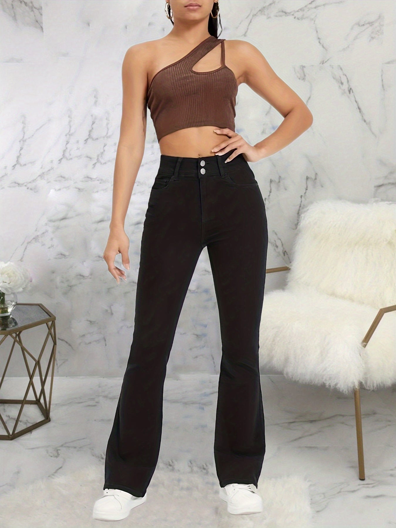 Wide Leg Double Button Jeans High Rise Flare Denim Pants