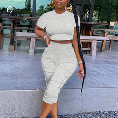 Casual 2pc Set Crew Neck Short Sleeve Crop T-shirt & High Waist Ruched Pants