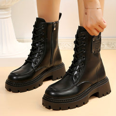 Women's Platform Combat Boots Round Toe Side Zipper & Lace Up Motorcycle Boots