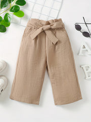Kid Girls Khaki Cotton Linen Wide Leg Cropped Pants