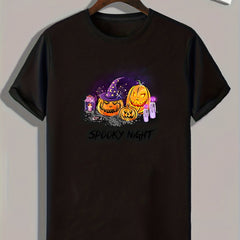 Halloween Pumpkin Print Tee Shirt Men's Casual Stretch Round Neck T-shirt