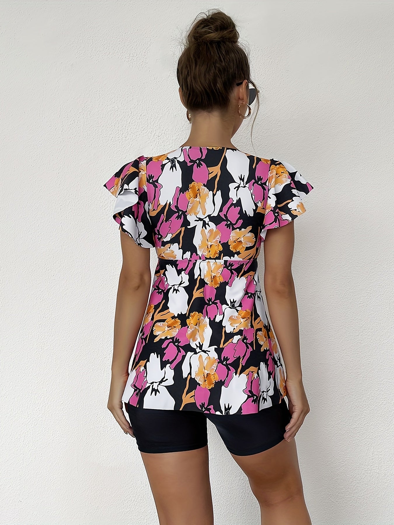 Ruffle Tankini Set V Neck Tie Front Swimsuit