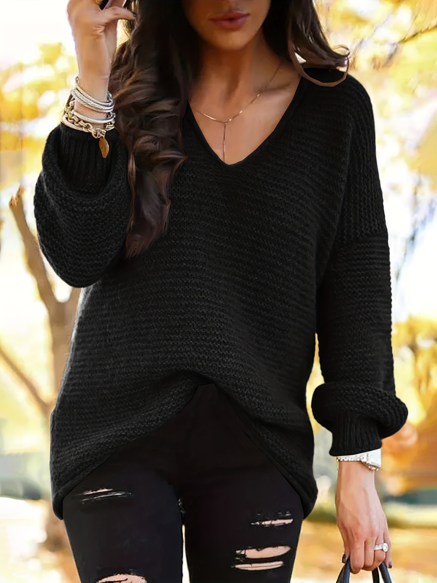 Drop Shoulder Solid Knit Sweater V Neck Lantern Sleeve