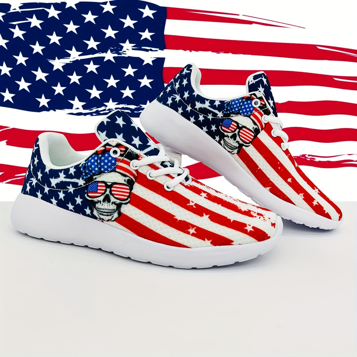 American Flag & Skull Print Sneakers Lightweight Breathable Running Shoes