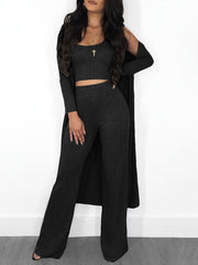 Ribbed Tank Top & Pants & Cardigan Set High Stretch Outfit