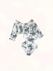 2pcs Girls Coconut Tree Graphic Swimwear Set Bathing Suit