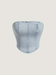 Slim Fit Denim Tube Top Off The Shoulder Zip Back Denim Bandeau