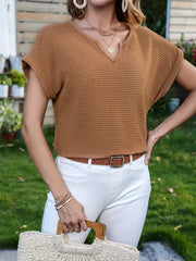 Waffle Knit V Neck Blouse Casual Short Sleeve Blouse