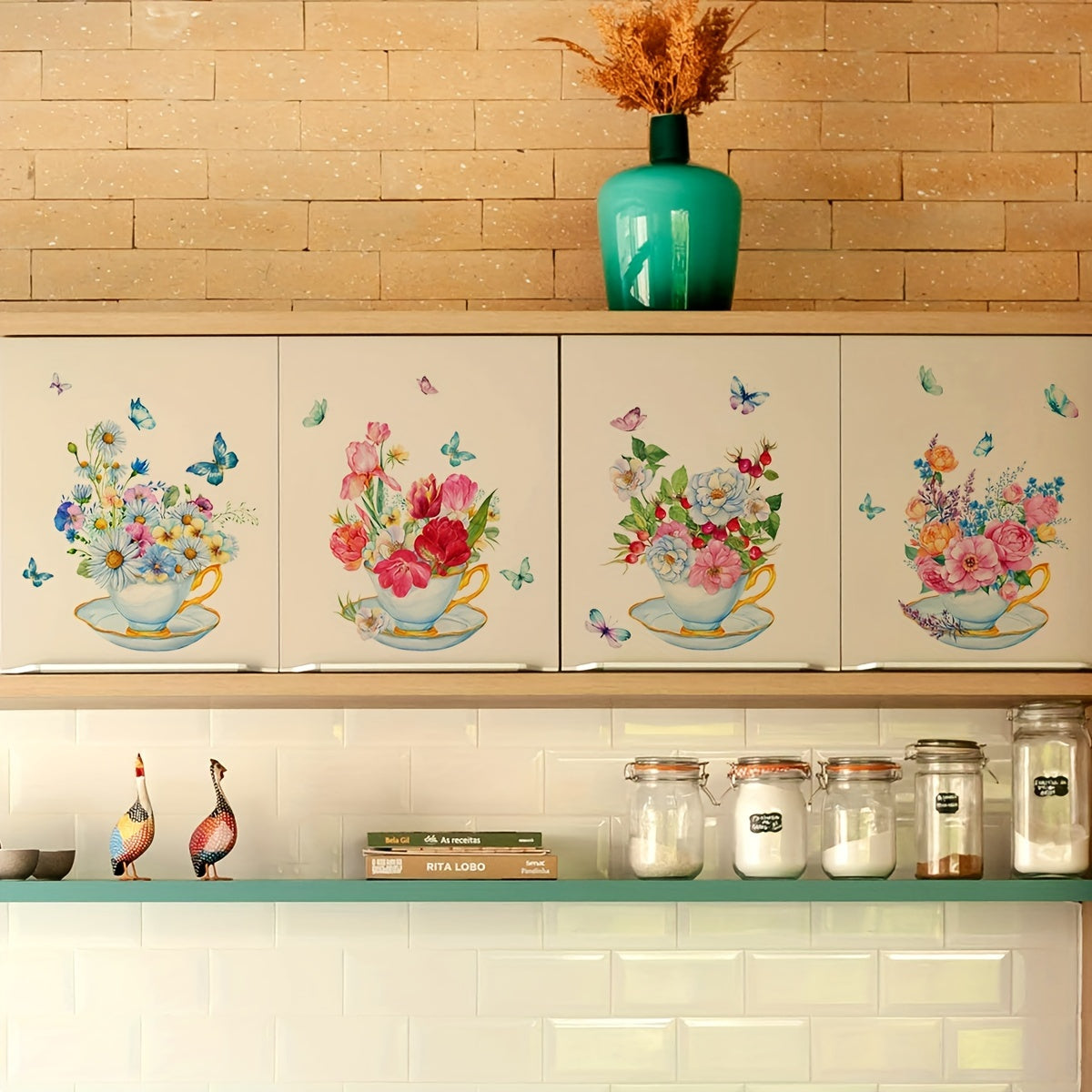 4pcs Green Plant Flowers Butterfly Wall Stickers Kitchen Living Room Decor