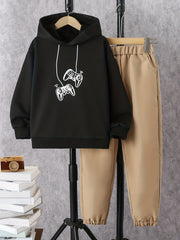 Boy's Gamepad Print Hoodie & Pants Set Spring Fall Outfits