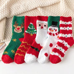 5 Pairs Christmas Pattern Socks Comfy & Fuzzy Crew Socks Women's Stockings