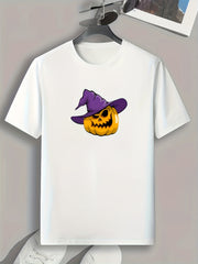 Halloween Pumpkin & Witch Hat Graphic Tee Men's Casual Comfy T-shirt