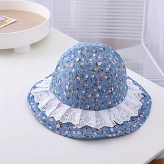 Kids Floral Lace Trim Bucket Hat With Windproof Rope
