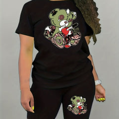 2pcs Bear Graphic Crew Neck Sports Short Sleeves & Solid Shorts