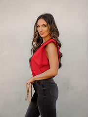 Solid Padded Shoulder Top Casual Crew Neck Summer Versatile Top