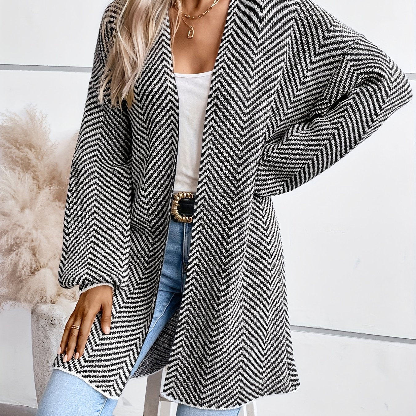 Women's Herringbone Print Open Front Cardigan